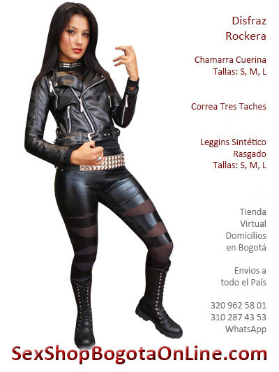 disfraz rockera chamarra chaqueta cuerina correa leggins cinturon taches rasgado velo sintetico brillante sex shop bogota medellin cali