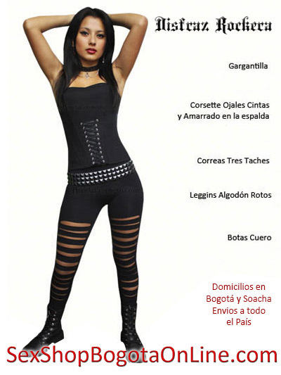 disfraz rockera sexy leggins roto botas cuero corset tela economico barato halloween accesorios sex shop tienda virtual medellin cali manizales