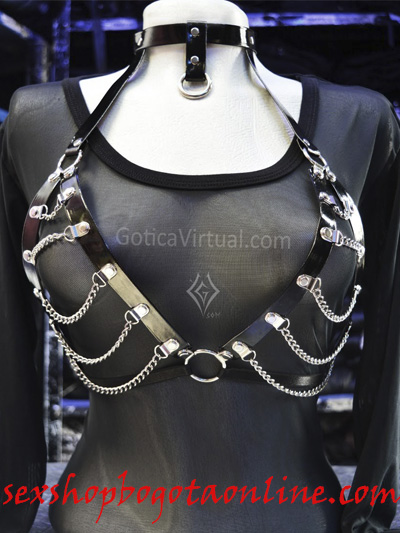sexy arnes bra cadenas plateadas correas charol brillante ajustables comodas sado fetish sex shop envios nacionales domicilios bogota soacha