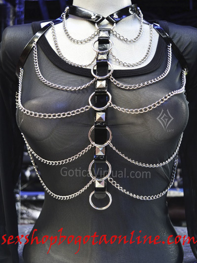 sexy arnes cadenas frontales plateadas taches frontales correas charol negro ajustable sado fetish sex shop envios nacionales domicilios bogota soacha